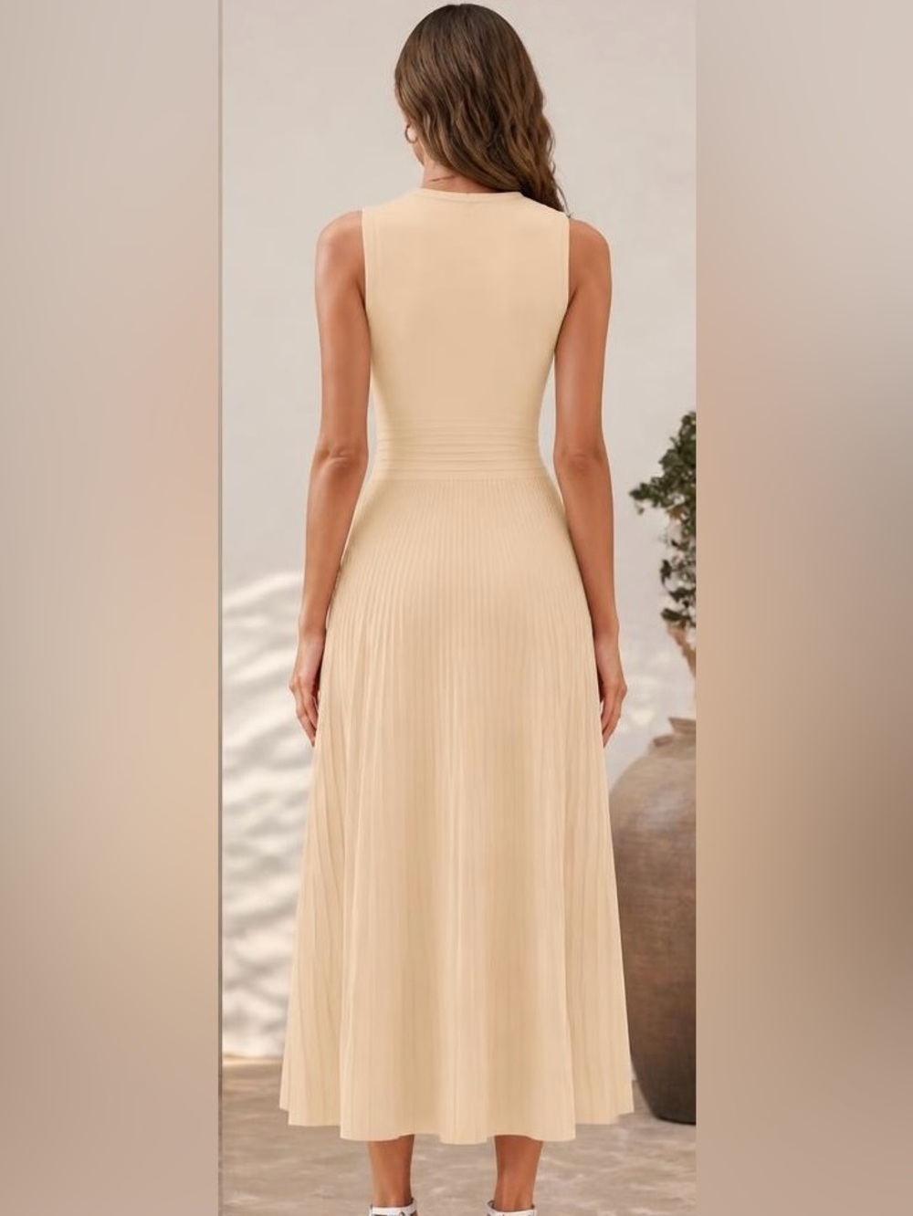 BCBGMAXAZRIA Sleeveless Pleated Midi Dress in Beige - Picture 5 of 5